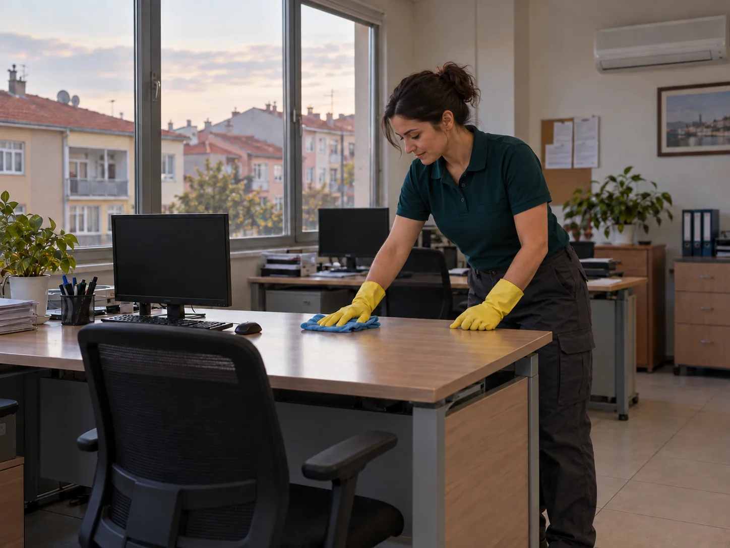 Mesai sonrası ofis masalarını silen temizlik personeli